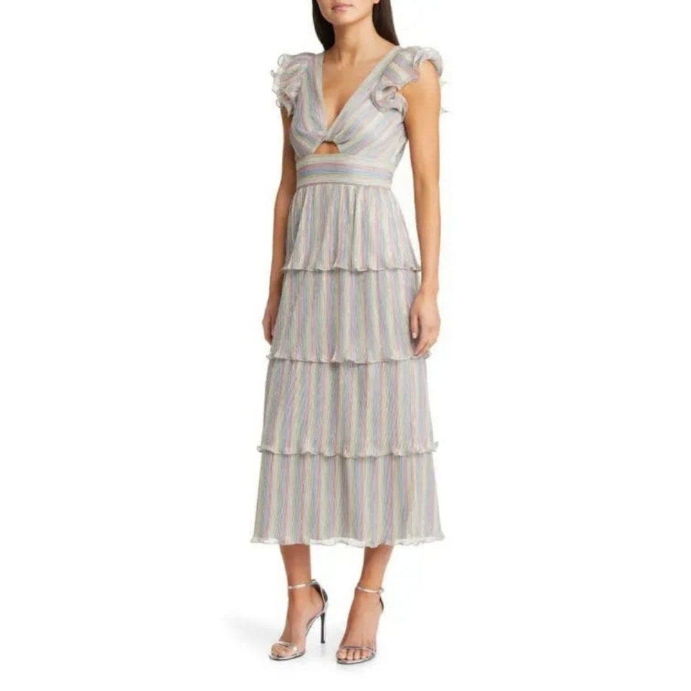 Saylor Lyla Metallic Rainbow Stripe Tiered Cocktail Dress